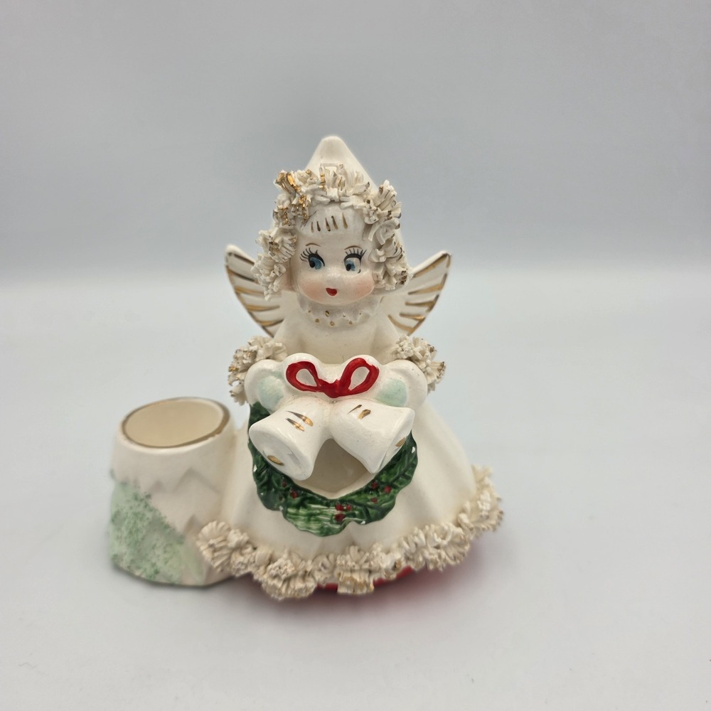 Vtg Commodore Christmas Angel Spaghetti Trim Bells & Wreath Candle Holder‎ 50's